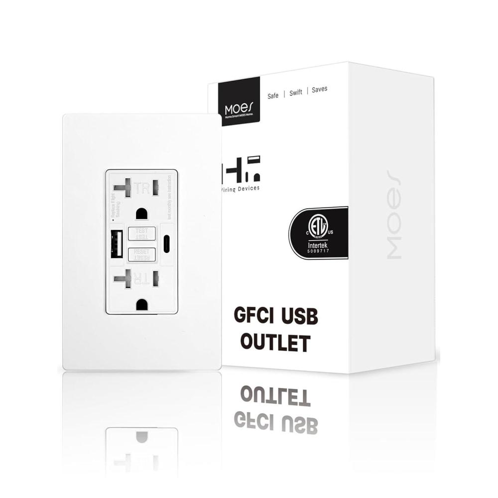 image:imageMOES 20 Amp GFCI USB Outlet SelfTest amp TamperResistant Receptacle with Type A amp C Charging Ports LED Indicator Includes Screwless Wall Plate ETL Listed White 1 Pack