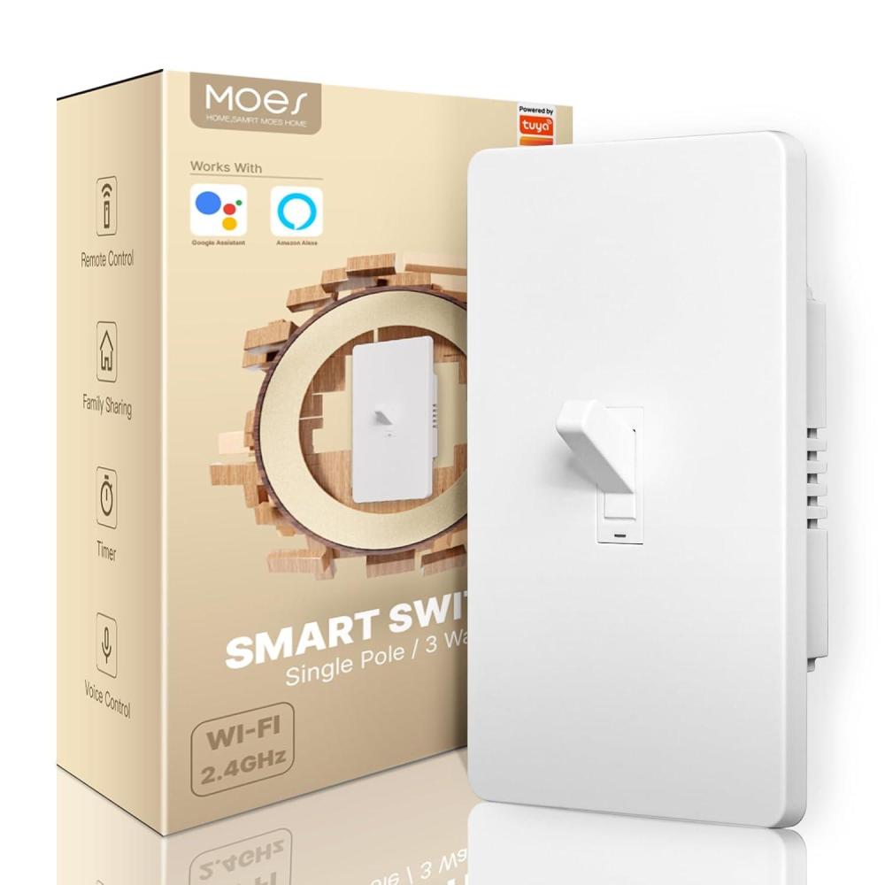 image:imageMOES Smart Toggle Light Switch 3 Way Wall Switch 24G WiFi ONOff Style Neutral Wire Required Smart Life APP Remote Control Compatible with Alexa Home No hub Required White