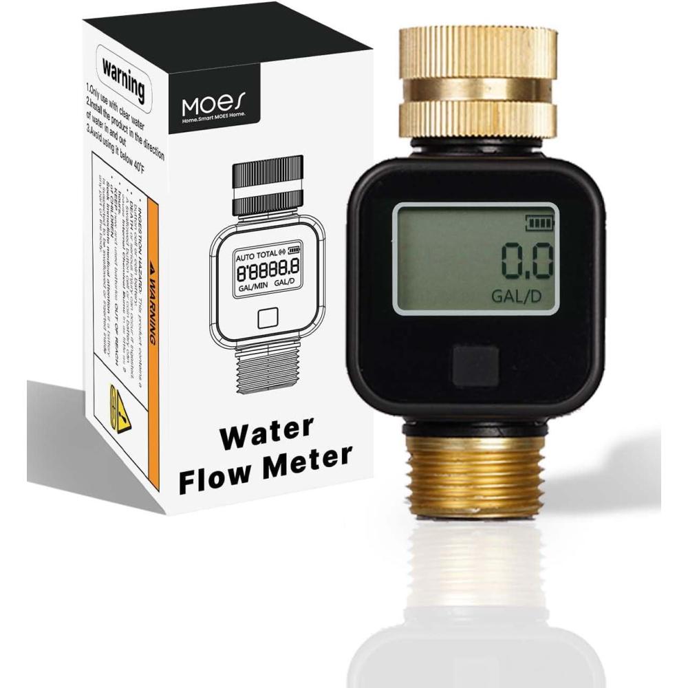 image:imageMOES Water Flow Meter with Brass Inlet amp Outlet Metal Thread Measure GallonLiter Consumption and Flow Rate for RV Water Tank Filling Outdoor Garden Hose Watering Lawn Sprinkler and Nozzle Sprayer