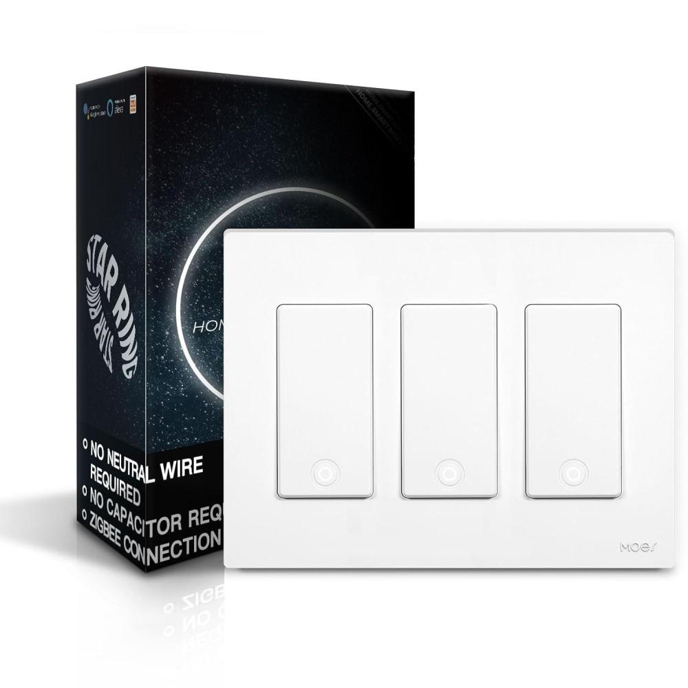 image:imageMOES Zigbee Smart Switch 3 Gang No Neutral Wire Required Inteligente Single Pole Light Switches Compatible with Alexa Google Assistant Remote Control Require MOES Zigbee HubZigbee 3 Gang Switch