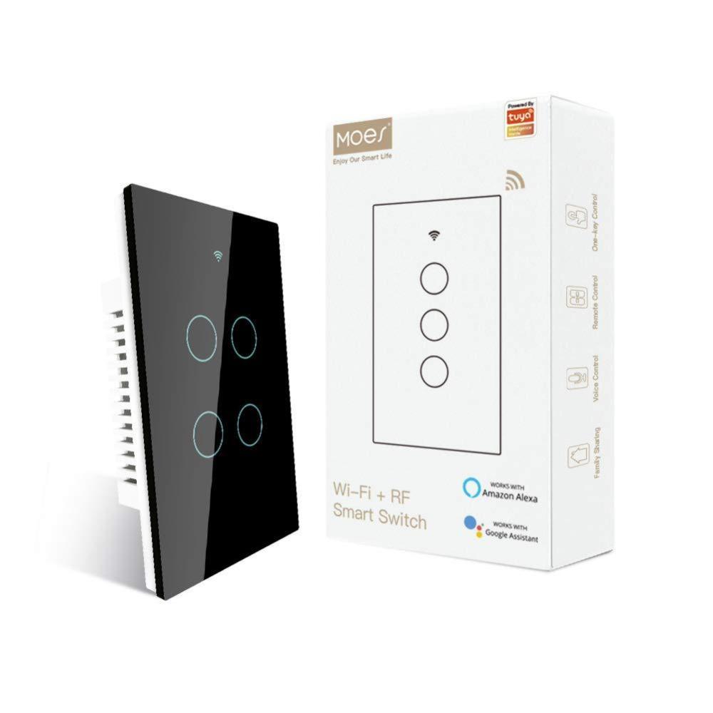 image:imageMOES 24GHz WiFi Wall Touch Smart Switch Neutral Wire Required 3 Way MultiControl Glass Panel Light Switch Work with Smart LifeTuya App RF433 Remote Control Alexa and Google Home White 2 Gang2 Gang Black Neutral Wire Required