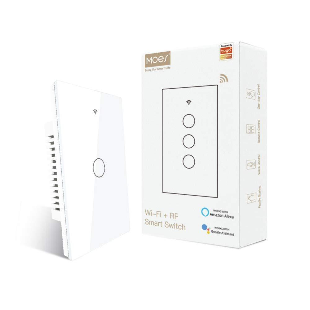 image:imageMOES 24GHz WiFi Wall Touch Smart Switch Neutral Wire Required 3 Way MultiControl Glass Panel Light Switch Work with Smart LifeTuya App RF433 Remote Control Alexa and Google Home White 2 Gang1 Gang White Neutral Wire Required