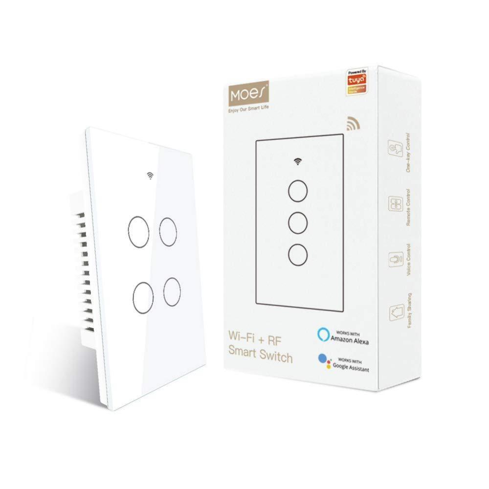 image:imageMOES 24GHz WiFi Wall Touch Smart Switch Neutral Wire Required 3 Way MultiControl Glass Panel Light Switch Work with Smart LifeTuya App RF433 Remote Control Alexa and Google Home White 2 Gang4 Gang White Neutral Wire Required