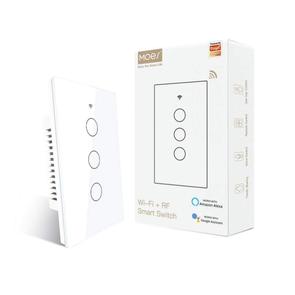 image:imageMOES 24GHz WiFi Wall Touch Smart Switch Neutral Wire Required 3 Way MultiControl Glass Panel Light Switch Work with Smart LifeTuya App RF433 Remote Control Alexa and Google Home White 2 Gang3 Gang White Neutral Wire Required