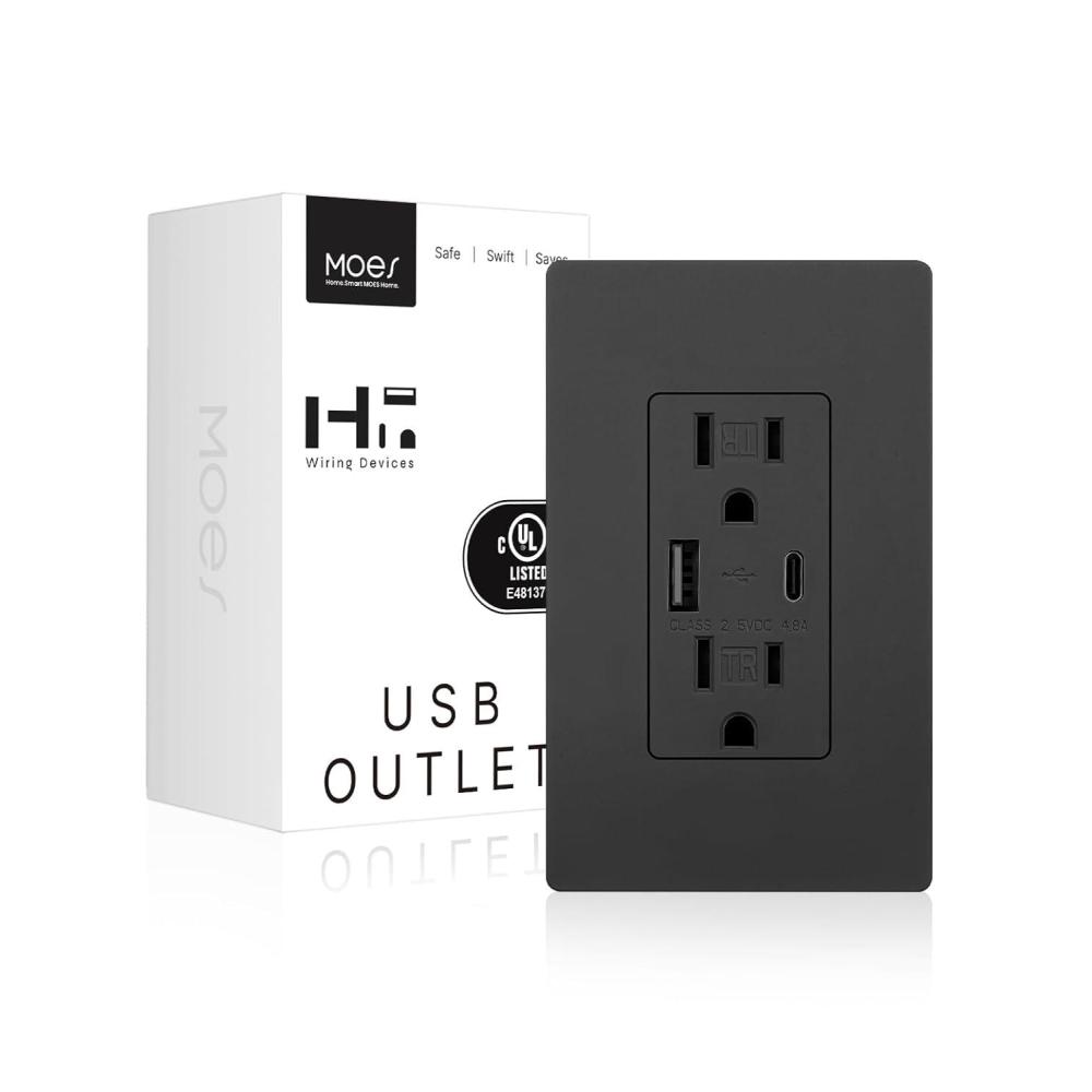 image:imageMOES USB OutletsUL Certified TypeC amp USBA Ports 5VDC 48A Fast Charging 24W TamperResistant Standard US Wall Box Compatible Screwless Wall Plate Included 15Amp White 6 PackBlack