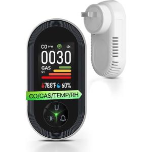 4IN1 Gas & Carbon Monoxide Detector Combination Plug in, CO Gas Monitor with Real-Time Temperature & Humidity Display, Alarm for Natural Gas, Propane(CO+GAS (WHITE))