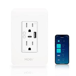 MOES Smart USB Wall Outlet Receptacle with Type-C & Type-A Charger, 2.4GHz Wi-Fi in-Wall Plug Socket, Remote Individual Control On/Off 15Amp, NO Hub Required(USB & Type-C Outlet)