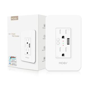 MOES Smart USB Wall Outlet Receptacle with Type-C & Type-A Charger, 2.4GHz Wi-Fi in-Wall Plug Socket, Remote Individual Control On/Off 15Amp, NO Hub Required(USB Outlet)
