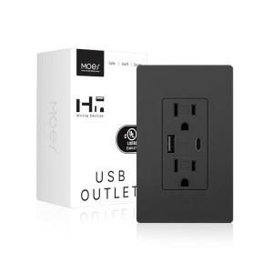 MOES USB Outlets(UL Certified), Type-C & USB-A Ports, 5VDC 4.8A Fast Charging 24W, Tamper-Resistant, Standard US Wall Box Compatible, Screwless Wall Plate Included, 15Amp White 6 Pack(Black)