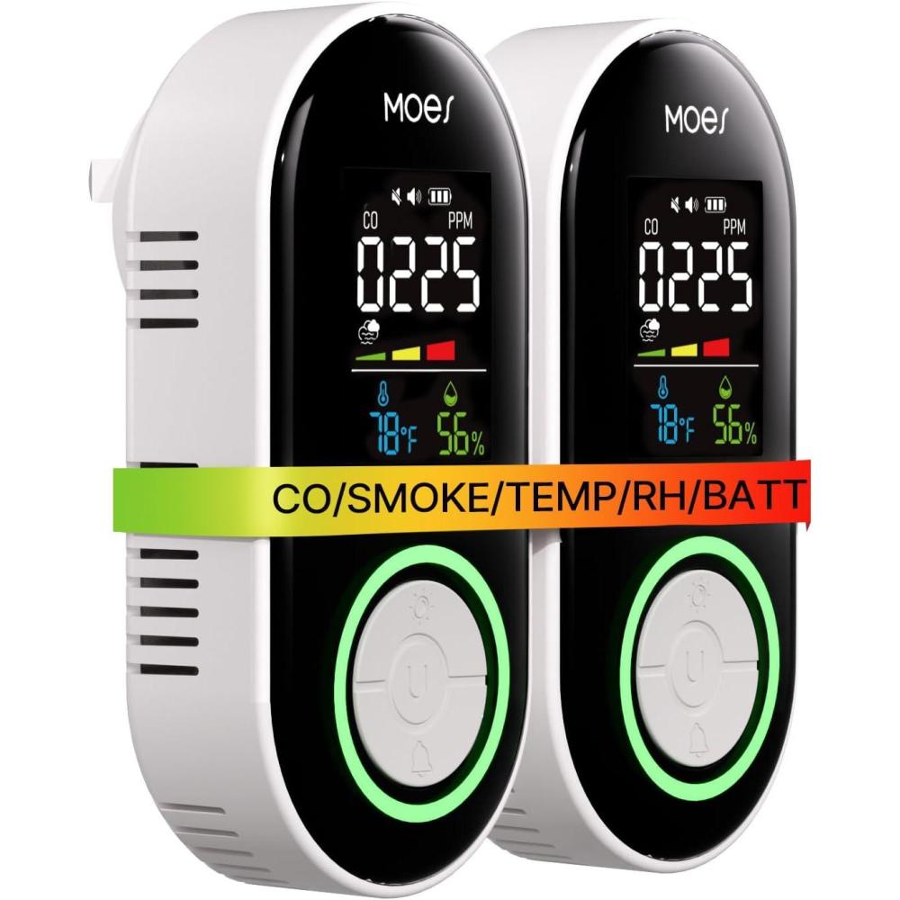 image:imageMOES 4in1 Smoke and Carbon Monoxide Detector Plugin Combination CO Smoke Alarm with Temp amp Humidity Battery Backup Dual Sound Light Alert Color LCD Display for Home RV Gadgets2 Pack