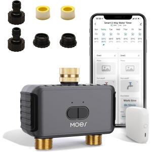 MOES WiFi Sprinkler Timer 2 Zone with Brass Inlet & Outlet, Water Timer for Garden Hose Faucet, Programmable Watering Irrigation 2 Outlet, Smart Watering System for Lawns and Yard Work with hub(Brass Inlet & 2 Outlet)