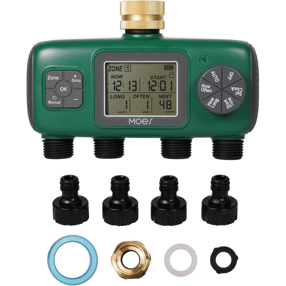 image:imageMOES 2 Outlet Sprinkler Timer Brass Inlet Programmable Automatic Irrigation Controller Rain Delay Manual Watering 2 Zone Water Hose Timer for Gardens Lawns and Hose Systems4 Outlet