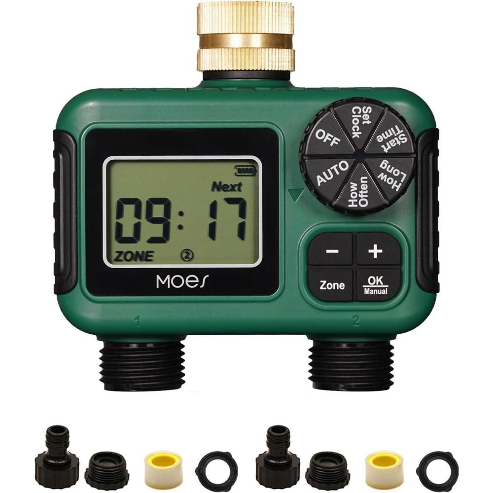 image:imageMOES 2 Outlet Sprinkler Timer Brass Inlet Programmable Automatic Irrigation Controller Rain Delay Manual Watering 2 Zone Water Hose Timer for Gardens Lawns and Hose Systems2 Outlet
