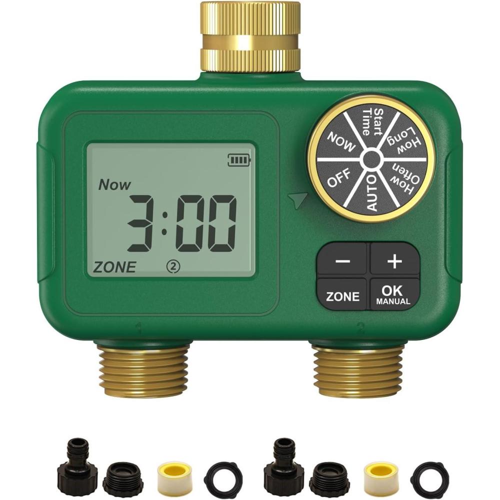 image:imageMOES 4 Zone Water Timer for Garden Hose Heavy Duty Solid Brass Inlet amp Outlets Programmable Sprinkler Timer Battery Operated 4 Way Faucet Valve with Sequential Watering NonWiFi2 Zones 2 Outlets