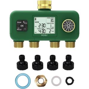 MOES 4 Zone Water Timer for Garden Hose, Heavy Duty Solid Brass Inlet & Outlets, Programmable Sprinkler Timer Battery Operated, 4 Way Faucet Valve with Sequential Watering (Non-WiFi)(4 Zones (4 Outlets))