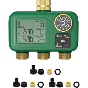 MOES 4 Zone Water Timer for Garden Hose, Heavy Duty Solid Brass Inlet & Outlets, Programmable Sprinkler Timer Battery Operated, 4 Way Faucet Valve with Sequential Watering (Non-WiFi)(3 Zones (3 Outlets))