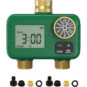 MOES 4 Zone Water Timer for Garden Hose, Heavy Duty Solid Brass Inlet & Outlets, Programmable Sprinkler Timer Battery Operated, 4 Way Faucet Valve with Sequential Watering (Non-WiFi)(2 Zones (2 Outlets))