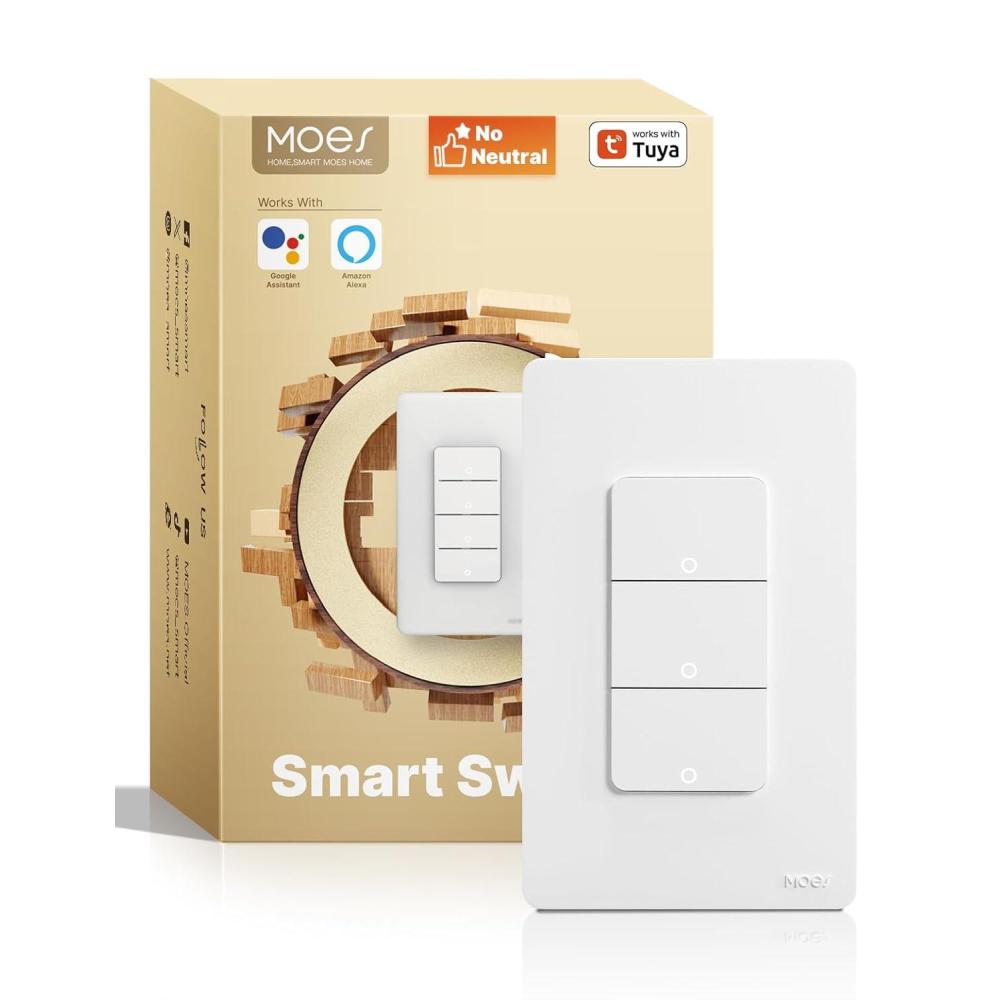 image:imageMOES WiFi Smart Light Switches No Neutral Wire Needed Require Capacitors 24GHz Single Pole Switch Compatible with Alexa Google Assistant3 Gang Switch