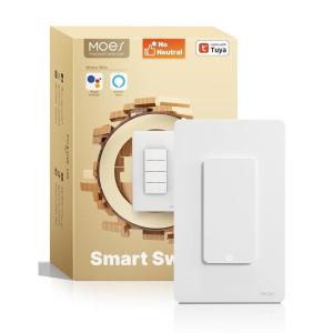 MOES WiFi Smart Light Switches, No Neutral Wire Needed, Require Capacitors, 2.4GHz Single Pole Switch, Compatible with Alexa Google Assistant(1 Gang Switch)