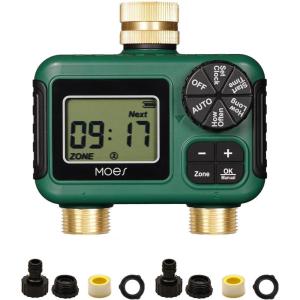 MOES Sprinkler Timer, Brass Inlet & Outlet Water Hose Timers, Programmable Automatic Irrigation Controller, Rain Delay, Manual Watering, 1 Zone Water Hose Timers for Gardens, Lawns, and Hose Systems(2 Zone)