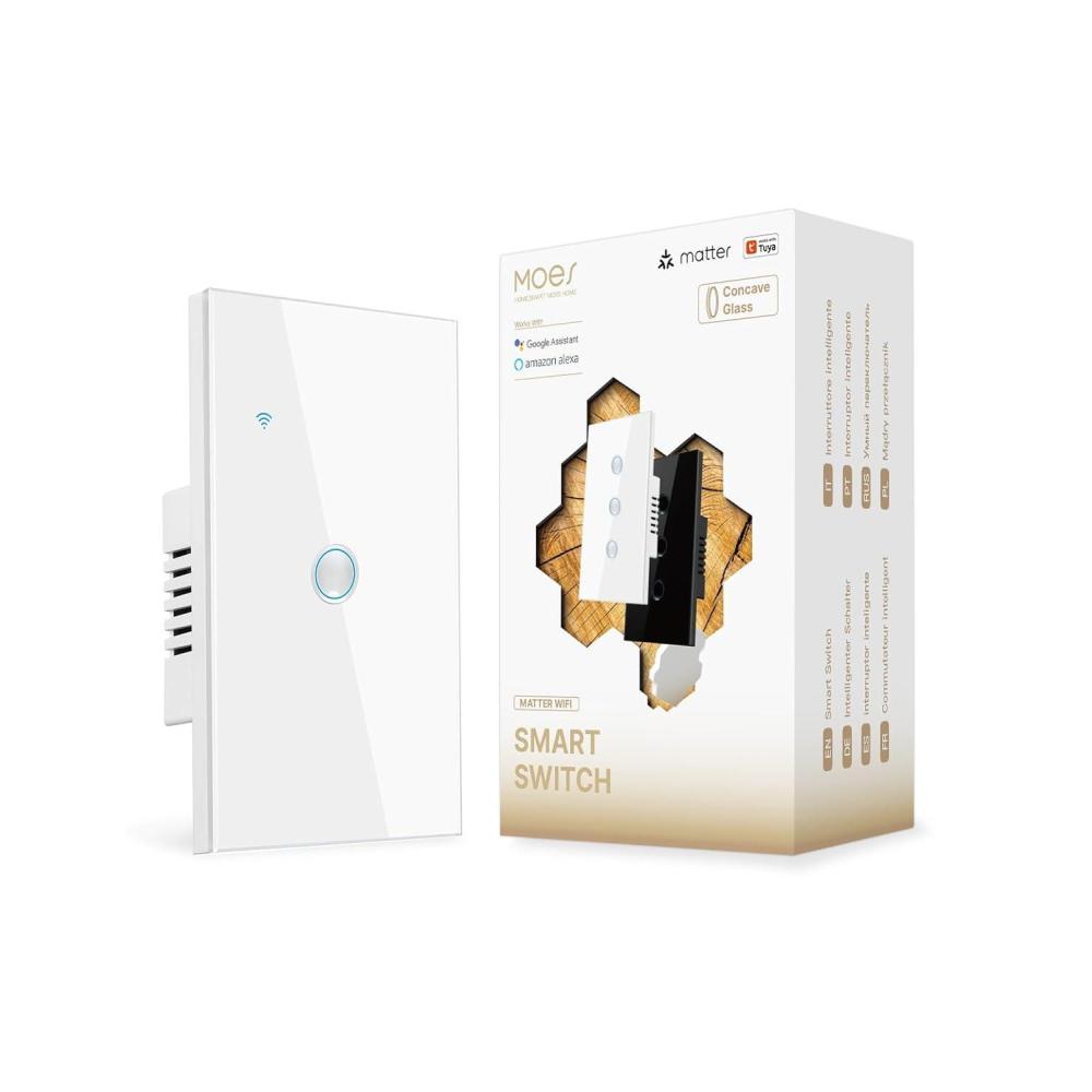 image:imageMOES Matter WiFi Smart Light Switches Touch Glass Design Needs Neutral Wire Single Pole 24GHz Remote amp Voice Control with Alexa Google Home amp Siri Supports Timer and Schedule White 1 GangWhite